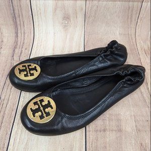 TORY BURCH Reva Ballet Flats Black Leather Gold Logo Medallion Sz 11M